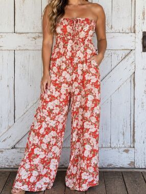 NWT American Eagle Boho Floral Strapless Wide-Leg Jumpsuit Size XS Resort